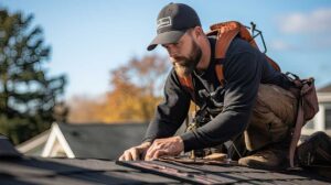 A person standing in their yard inspecting the roof and gutters of a house before a trip.