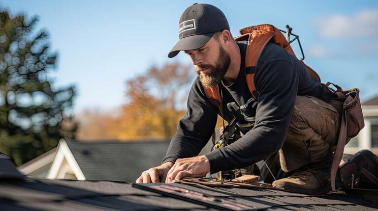 A person standing in their yard inspecting the roof and gutters of a house before a trip.