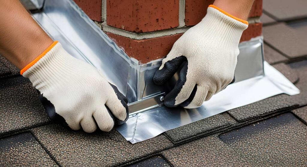 A person wearing safety gear works carefully on a house roof during clear, mild weather.